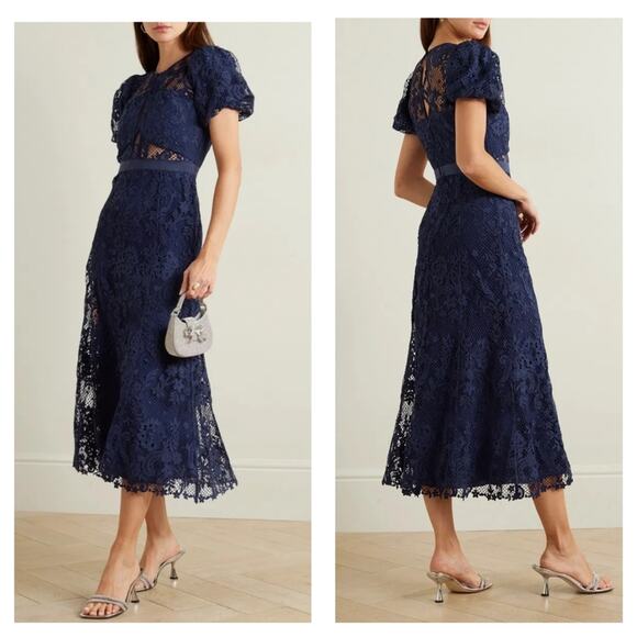 Self-Portrait Dresses & Skirts - Self-Portrait Laced Puff Sleeved Midi Dress Navy size 10